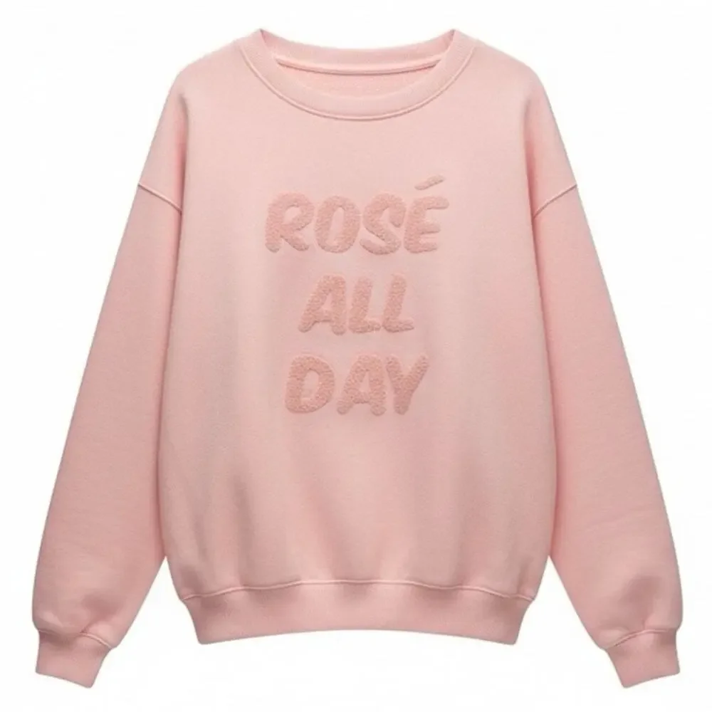 Green Tea Rosé All Day Pink Graphic Sweatshirt Large L Pullover Crewneck Fuzzy - Picture 1 of 9